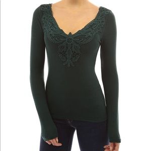 PattyBoutik Women's V Neck Crochet Lace Inset Long Sleeve Blouse (Dark Green L)